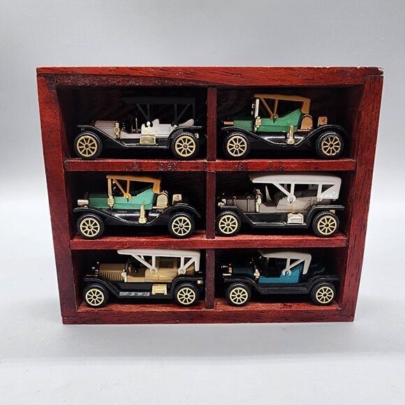 Vintage Diecast Model T Cars Set of 6 with Wooden Display Case Collectibles - Picture 1 of 8